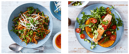 Two top-down images of recipes: One is a vegetable stir fry on a bowl, the other baked pumpkin and salmon on a plate.