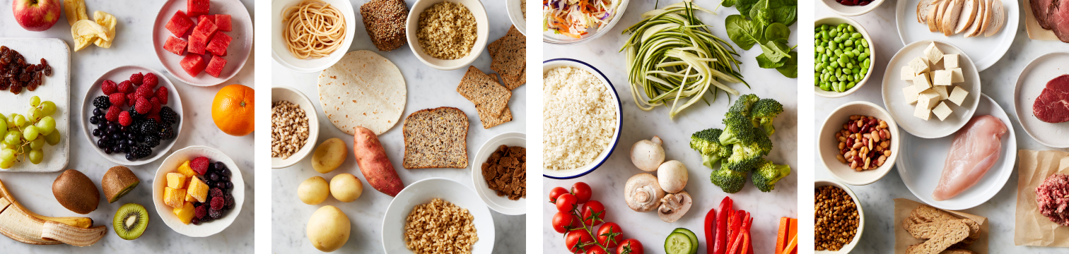 Fruits, vegetables, carbohydrates and protein