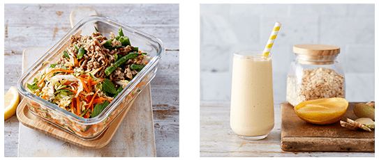 Two sideway images of recipes: one is a fried rice meal with veggies in a glass lunch container, the other a mango smootie in a glass.