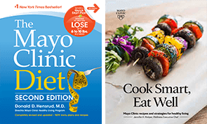 Front pages of the two books: The Mayo Clinic Diet, Second Edition, and Cook Smart, Eat Well.